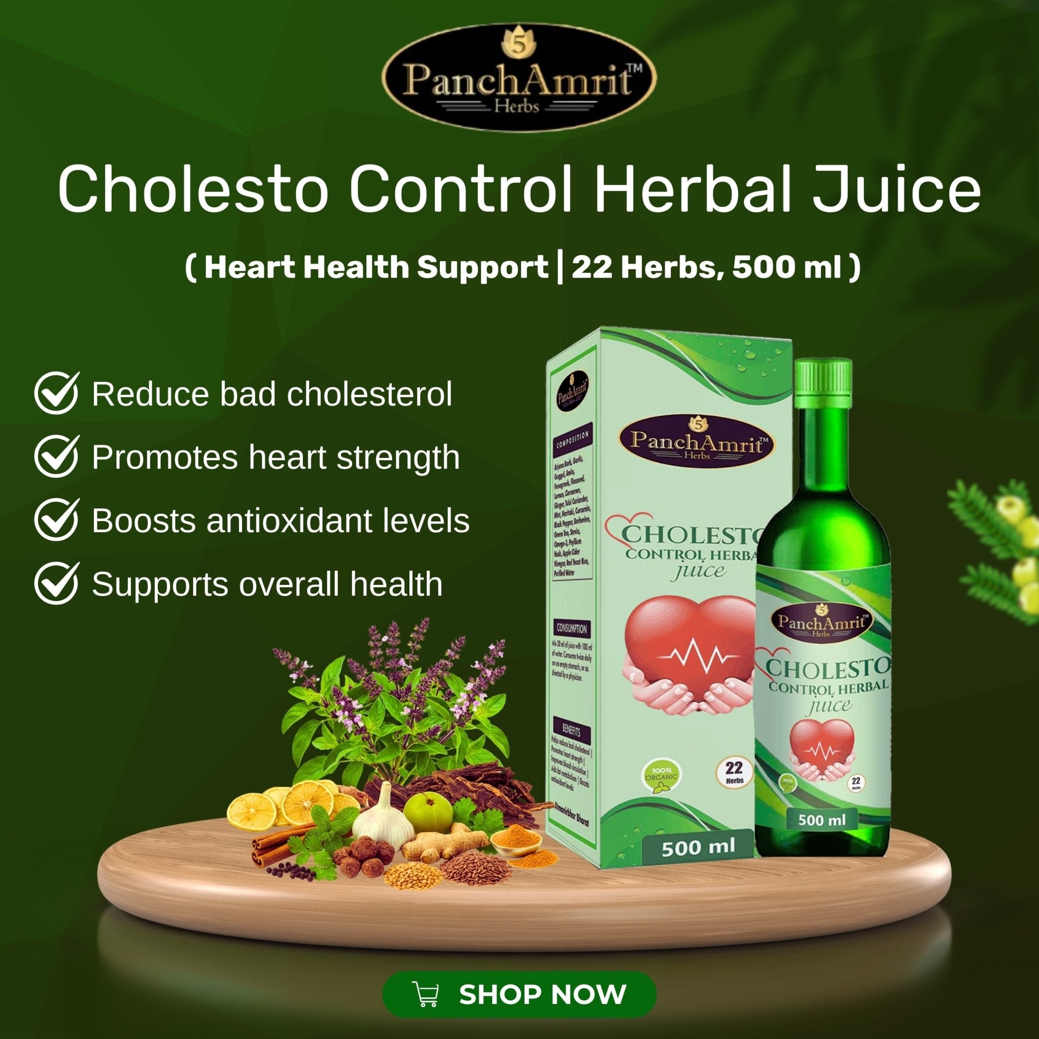 PanchAmrit Cholesto Control Herbal Juice – Ayurvedic Cholesterol & Heart Health Support | 22 Herbs, 500 ml - PANCHAMRIT HERBS