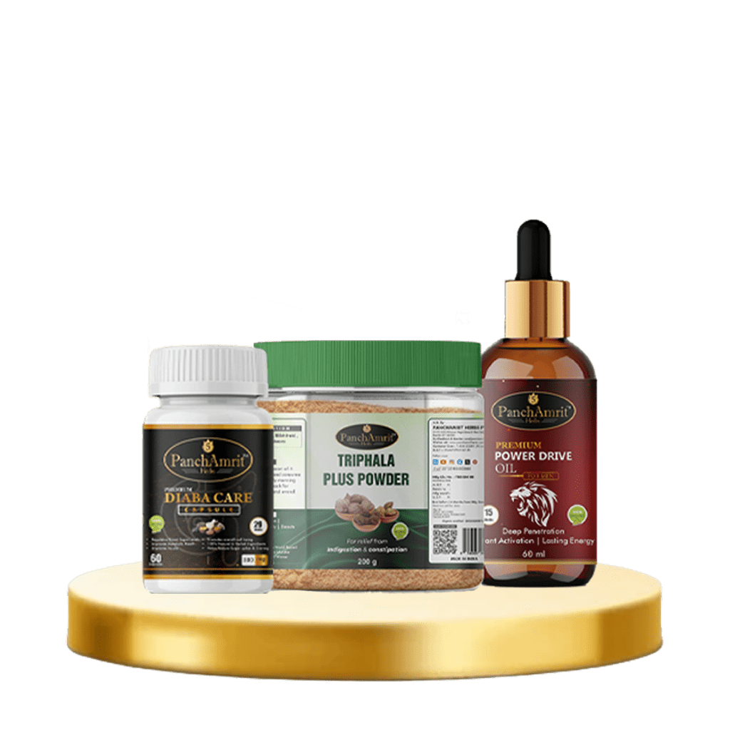 PanchAmrit Complete Men’s Wellness & Stamina Combo – Diaba Care Capsules, Triphala Plus Powder & Power Drive Oil - PANCHAMRIT HERBS