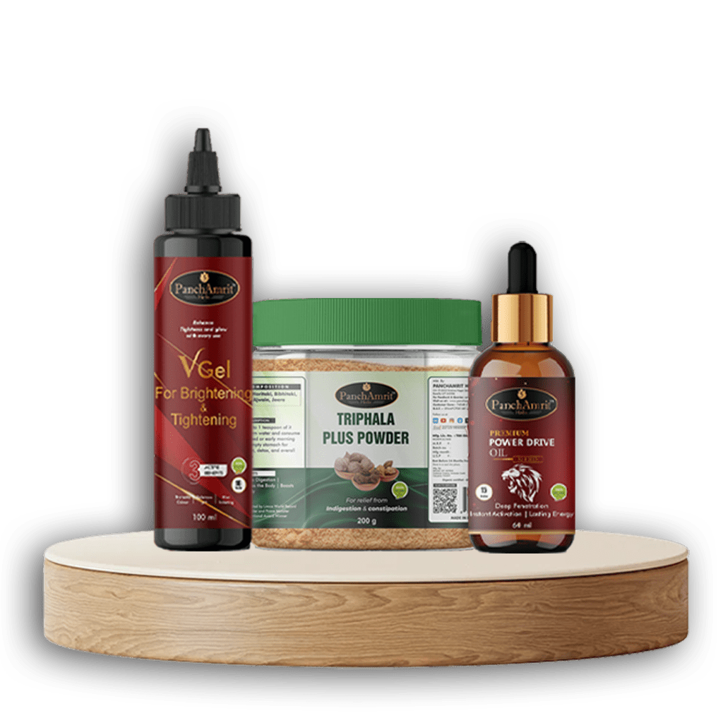 PanchAmrit Herbs Couple Combo – Complete Ayurvedic Vitality Kit (Triphala Plus, Power Drive Oil & V - Gel) - PANCHAMRIT HERBS