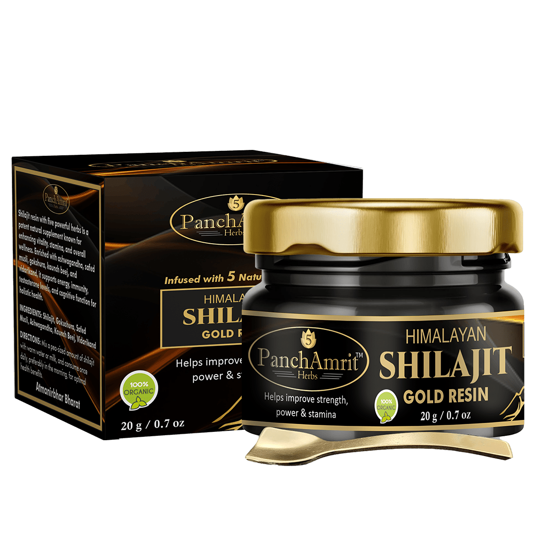 PanchAmrit Himalayan Shilajit Gold Resin – Ayurvedic Strength, Stamina & Power Booster | Infused with 5 Natural Herbs, 20g - PANCHAMRIT HERBS