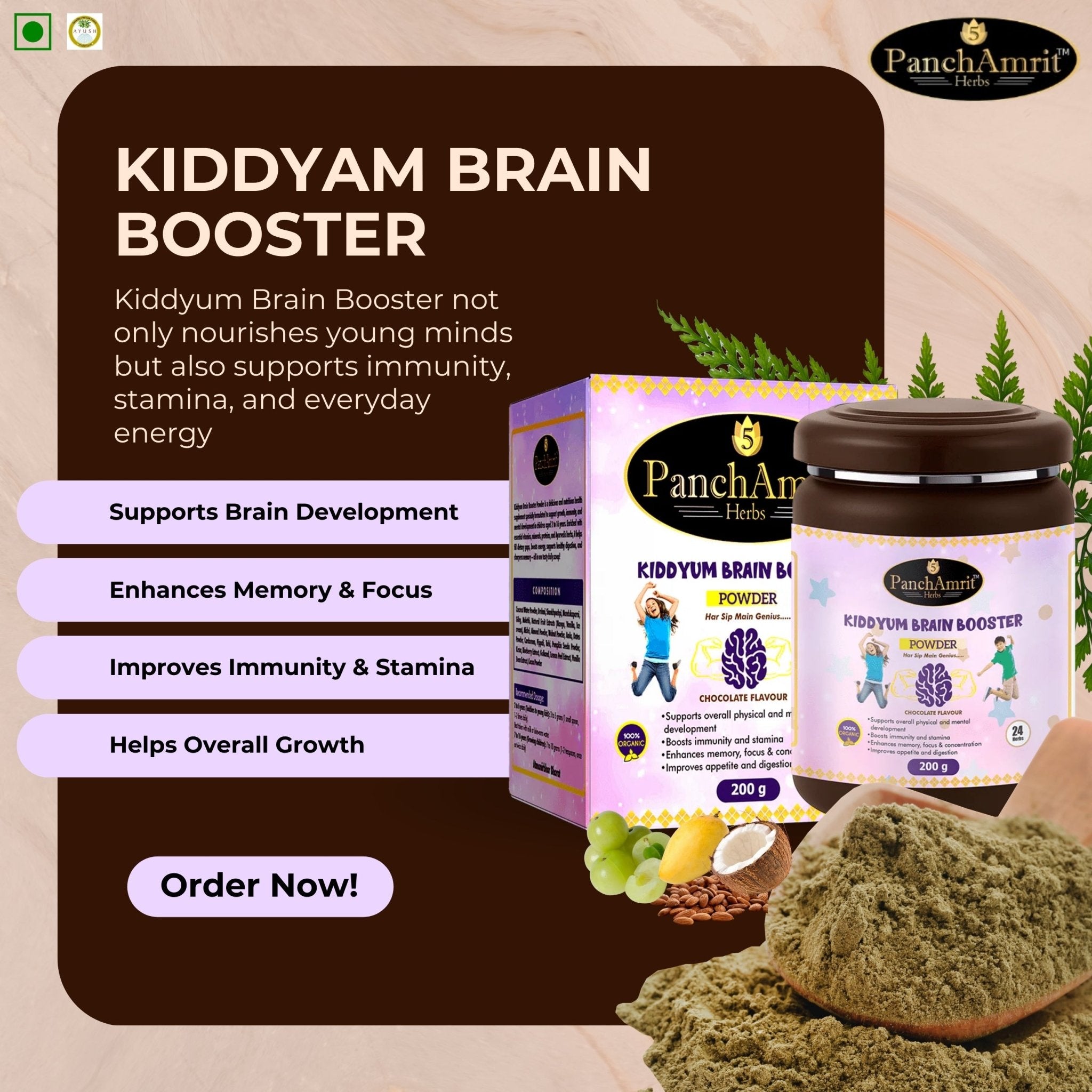 PanchAmrit Kiddyum Brain Booster Powder – Chocolate Flavour | Brain & Memory Support for Kids 2–16 Years | 24 Herbs, 100% Organic, 200g - PANCHAMRIT HERBS