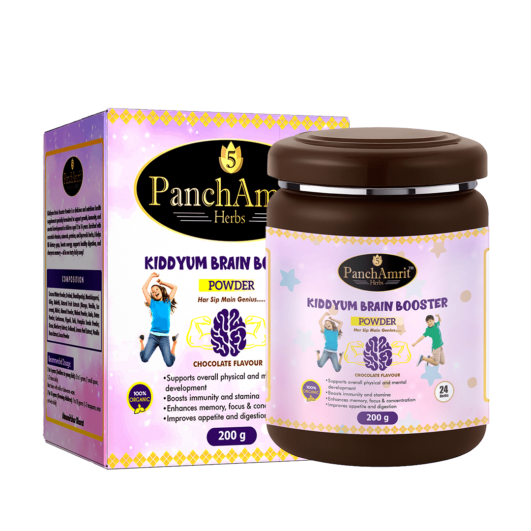 PanchAmrit Kiddyum Brain Booster Powder – Chocolate Flavour | Brain & Memory Support for Kids 2–16 Years | 24 Herbs, 100% Organic, 200g - PANCHAMRIT HERBS