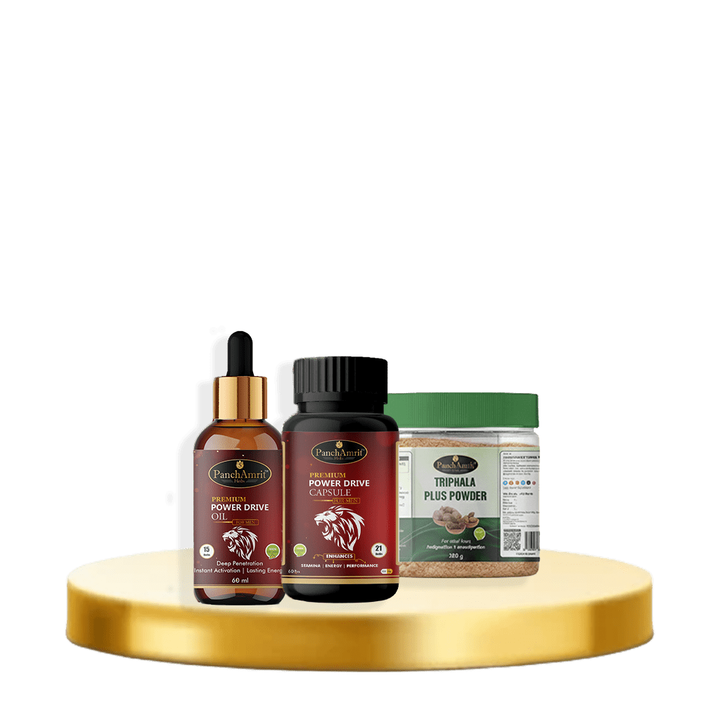 PanchAmrit Men’s Performance, Stamina & Digestion Combo – Power Drive Oil, Power Drive Capsules & Triphala Plus - PANCHAMRIT HERBS