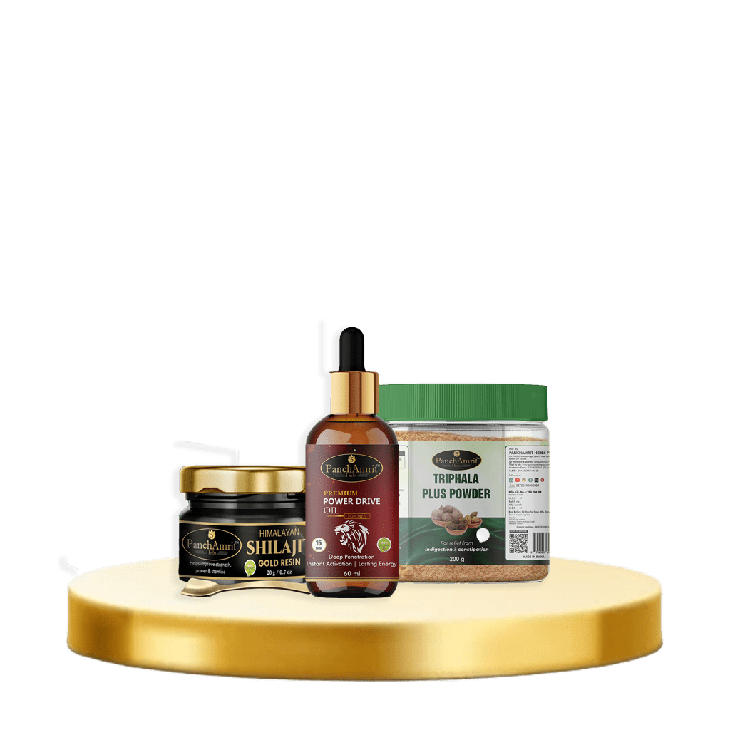 PanchAmrit Men’s Strength, Stamina & Digestion Combo – Shilajit Gold Resin, Power Drive Oil & Triphala Plus - PANCHAMRIT HERBS
