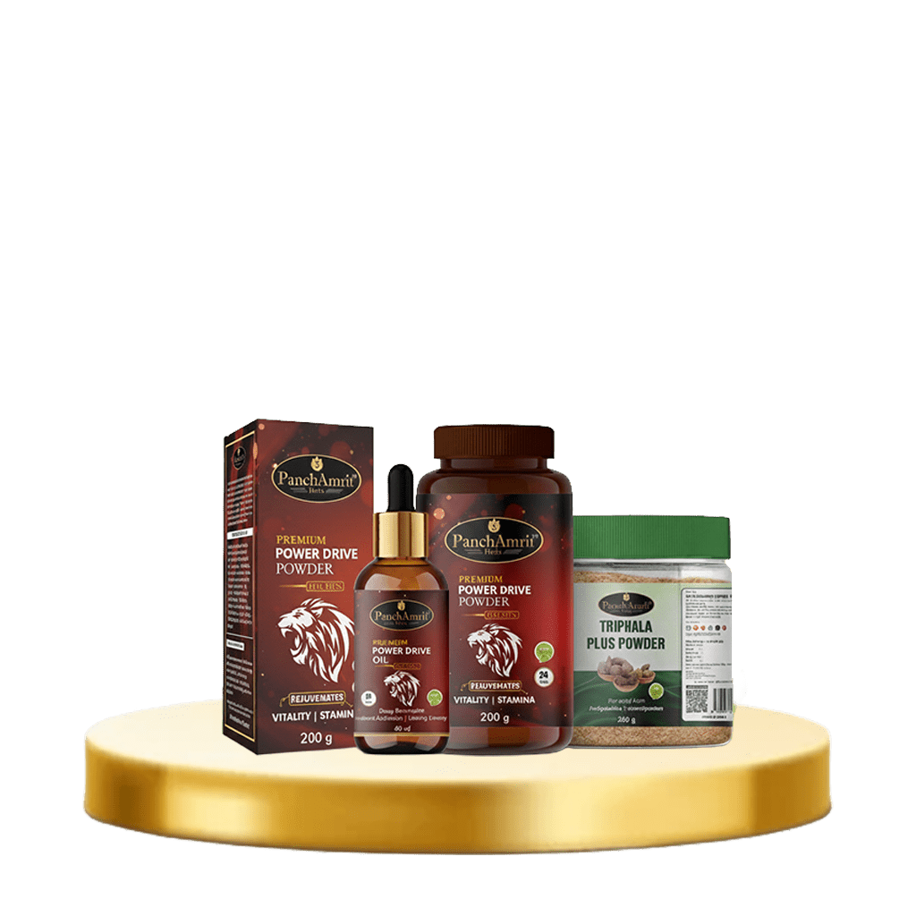 PanchAmrit Men’s Vitality, Stamina & Digestion Combo – Power Drive Powder, Power Drive Oil & Triphala Plus - PANCHAMRIT HERBS