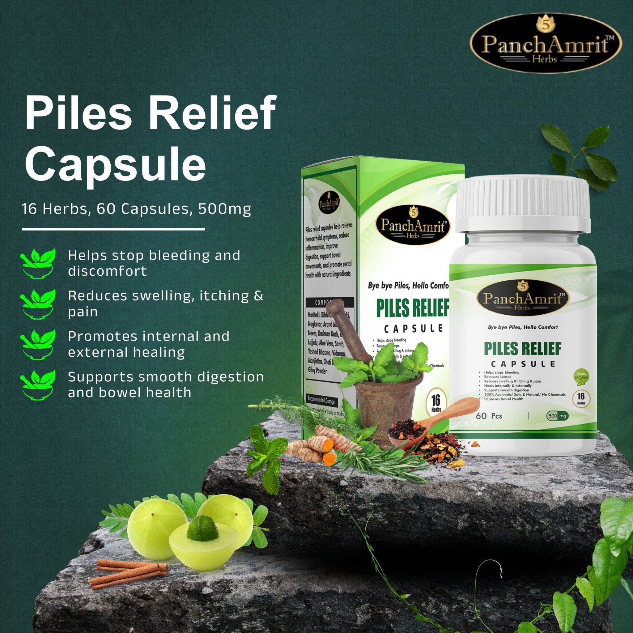 PanchAmrit Piles Relief Capsule – Ayurvedic Remedy for Hemorrhoid Relief, Pain & Swelling Reduction | 16 Herbs, 60 Capsules, 500mg - PANCHAMRIT HERBS
