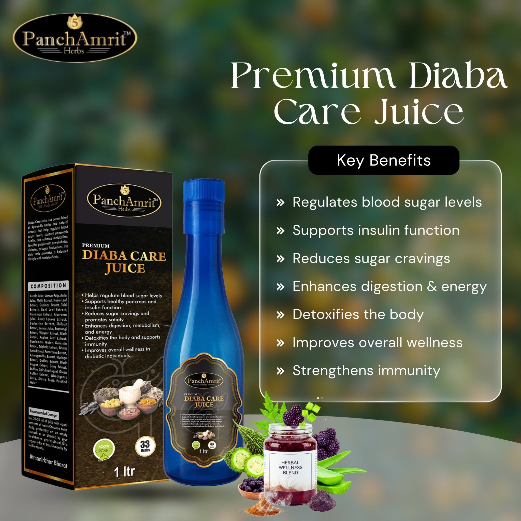 PanchAmrit Premium Diaba Care Juice – Herbal Blood Sugar Regulator & Metabolic Health Tonic | 33 Herbs, 1 Litre, 100% Organic - PANCHAMRIT HERBS