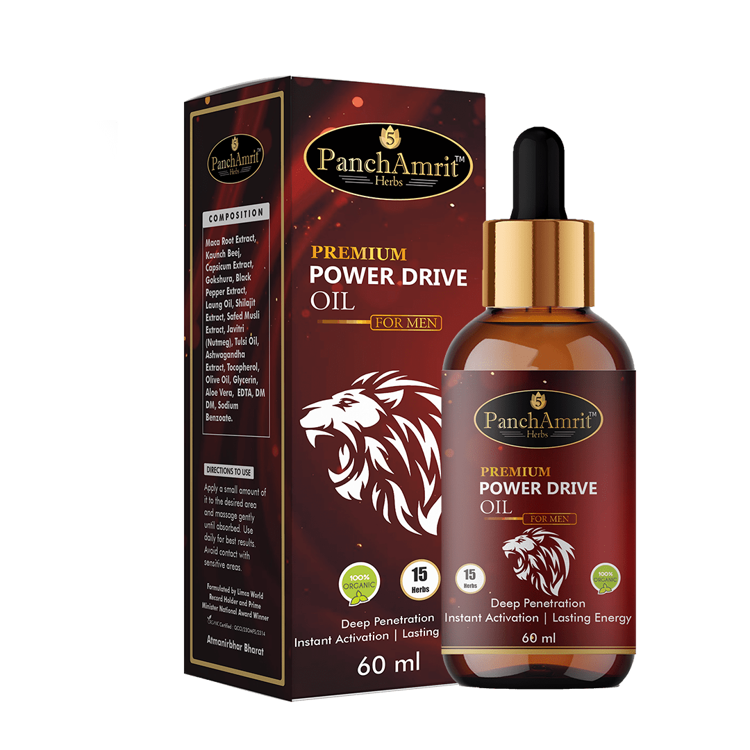 PanchAmrit Premium Power Drive Oil for Men – Ayurvedic Vitality & Energy Oil | Deep Penetration & Instant Activation | 15 Herbs, 60ml - PANCHAMRIT HERBS