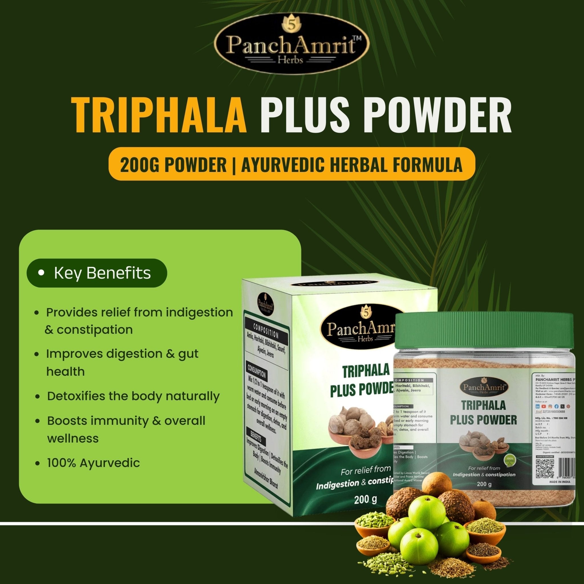 PanchAmrit Triphala Plus Powder – Ayurvedic Digestive Cleanser & Constipation Relief | 200g Powder | Ayurvedic herbal formula - PANCHAMRIT HERBS