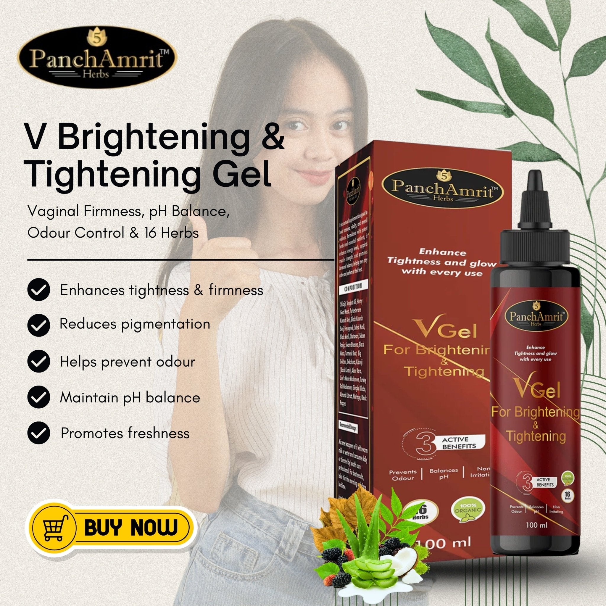 PanchAmrit V Brightening & Tightening Gel – Vaginal Firmness, pH Balance & Odour Control | 16 Herbs, 100 ml - PANCHAMRIT HERBS