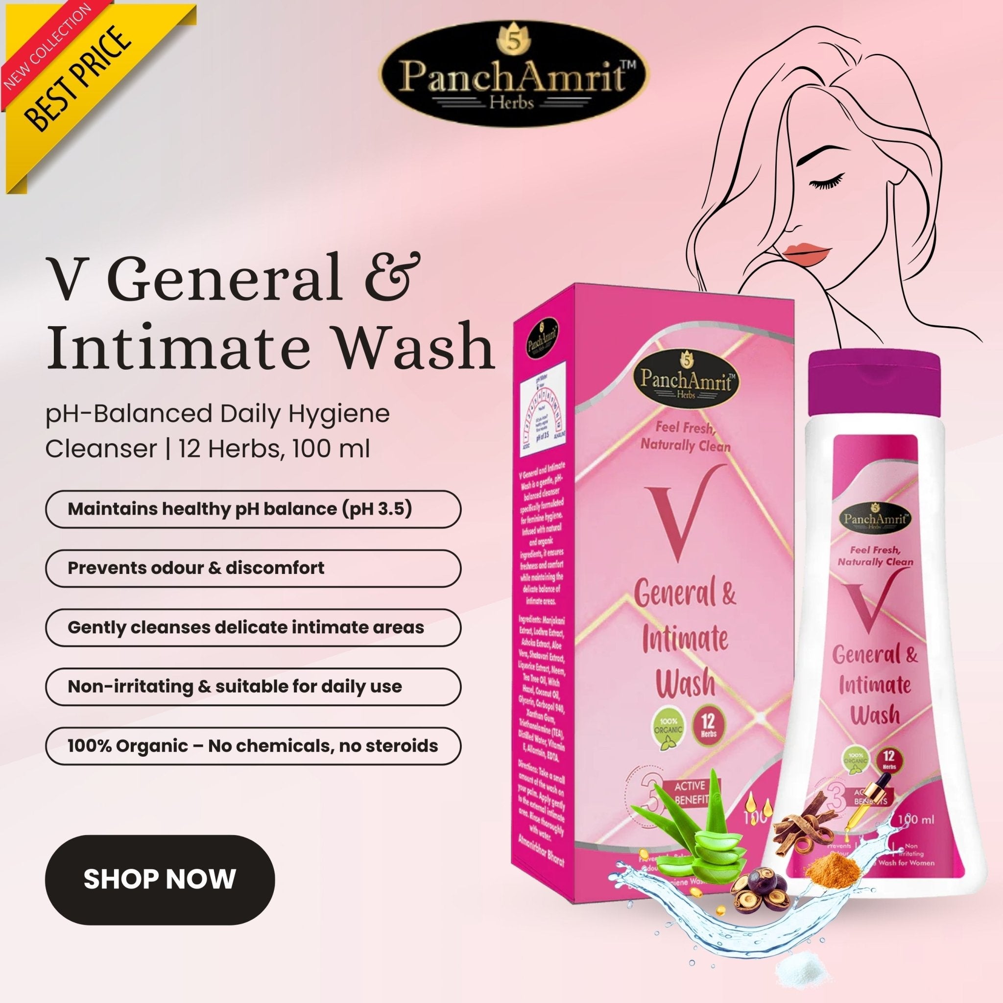 PanchAmrit V General & Intimate Wash – pH - Balanced Daily Hygiene Cleanser for Women | 12 Herbs, 100 ml - PANCHAMRIT HERBS